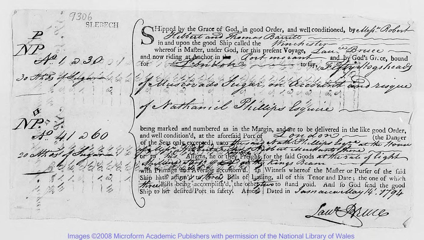 View document: Bills of lading, 1794-1795.