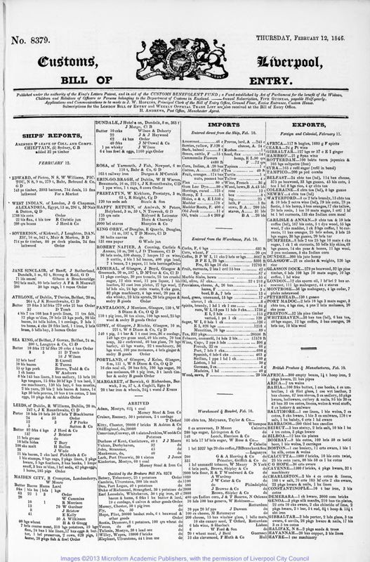 View document: Bills of Entry for the year 1846.