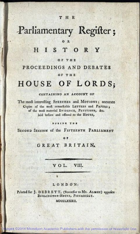 View document: Vol. VIII, Nov 1781 - Jul 1782 (House of Lords).