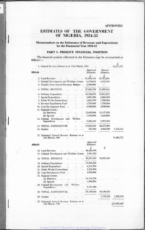 View document: Estimates for Nigeria, 1954-1960.