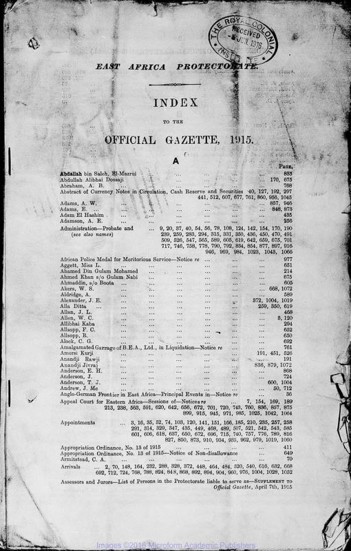 View document: Kenya Gazette, 1915.