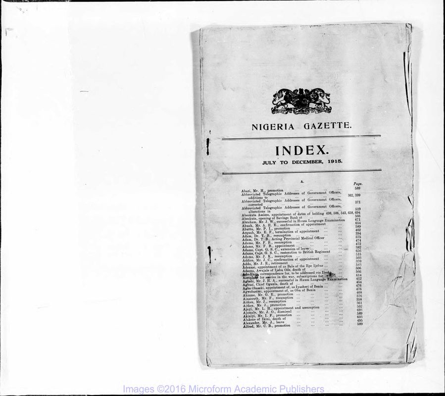 View document: Nigeria Gazette and Supplements, 1915 July-Dec.