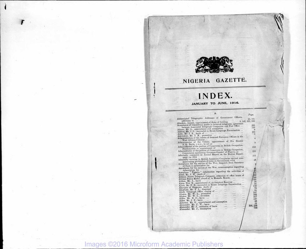 View document: Nigeria Gazette and Supplements, 1916 Jan-April.