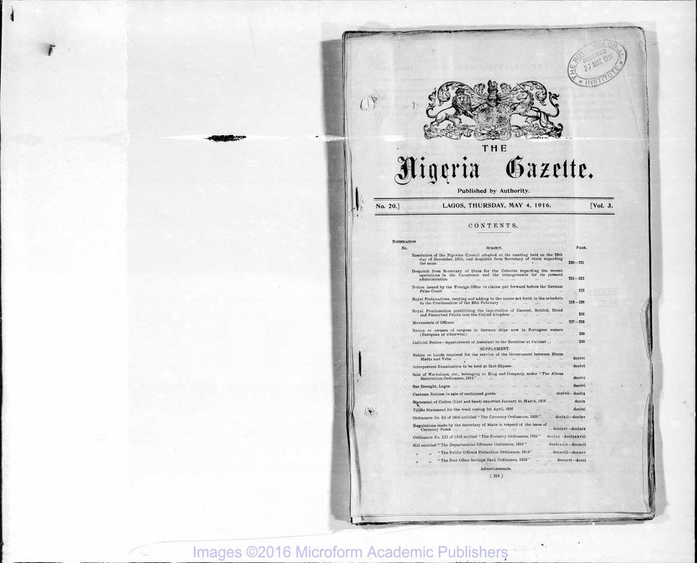 View document: Nigeria Gazette and Supplements, 1916 May-Aug.