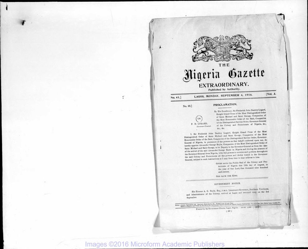 View document: Nigeria Gazette and Supplements, 1916 Sept-Dec.