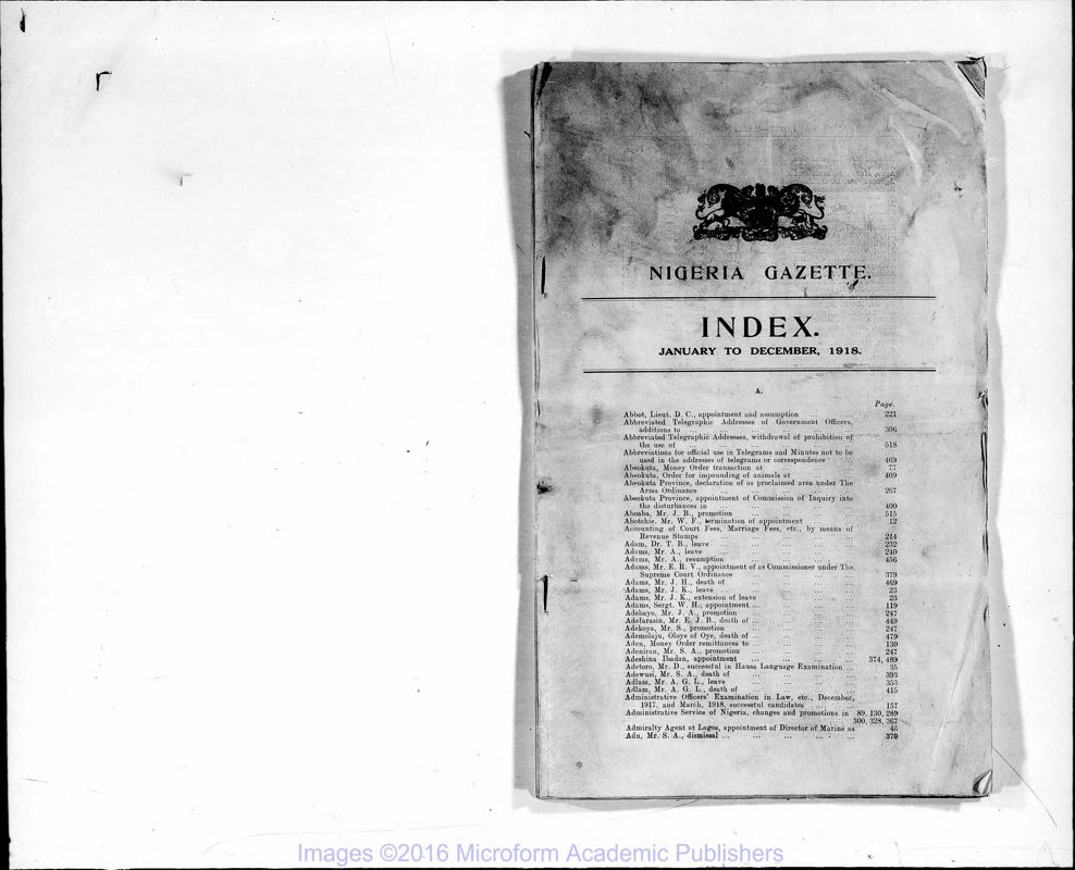 View document: Nigeria Gazette, 1918 Jan-Dec, Supplements 1918 Jan-Dec.