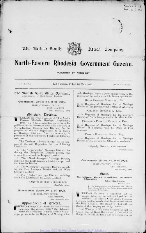 View document: Zambia (Northern Rhodesia) Gazette, 1903-1914.