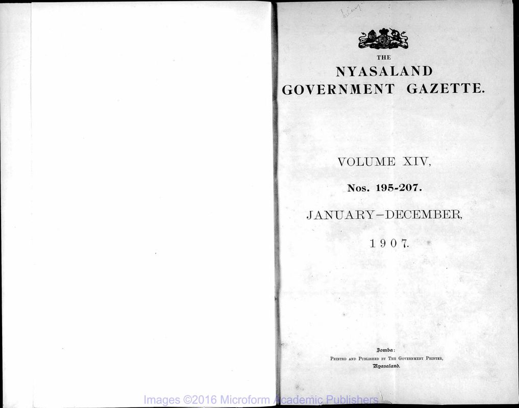 View document: Malawi (Nyasaland) Gazette, 1907-1910.