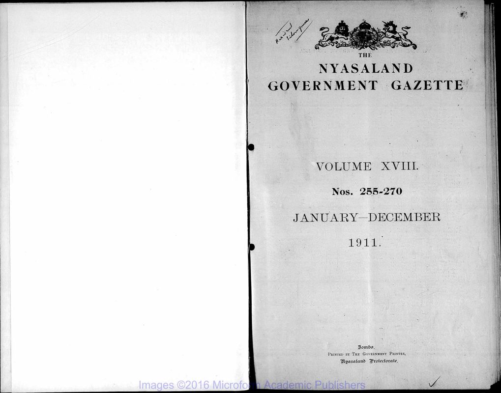 View document: Malawi (Nyasaland) Gazette, 1911-1912.