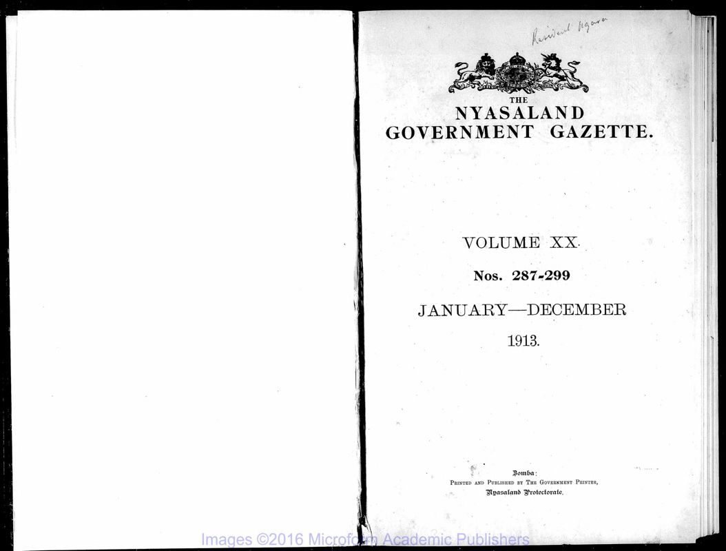 View document: Malawi (Nyasaland) Gazette, 1913-1914.