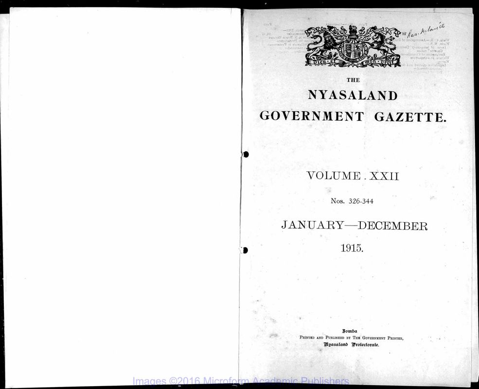 View document: Malawi (Nyasaland) Gazette, 1915-1916.