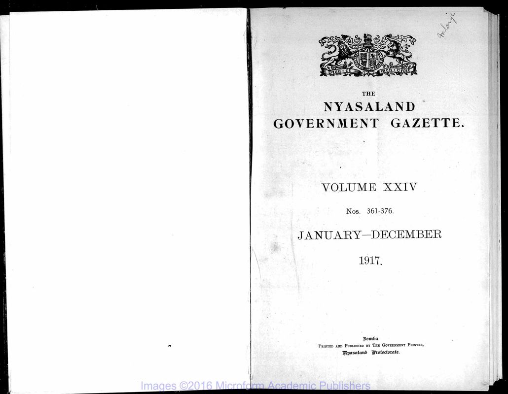 View document: Malawi (Nyasaland) Gazette, 1917-1918.