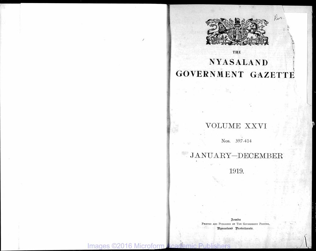 View document: Malawi (Nyasaland) Gazette, 1919.