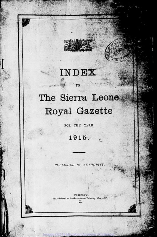 View document: Sierra Leone Gazette, 1915.