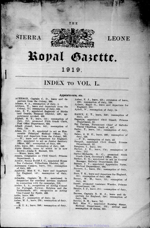 View document: Sierra Leone Gazette, 1919.