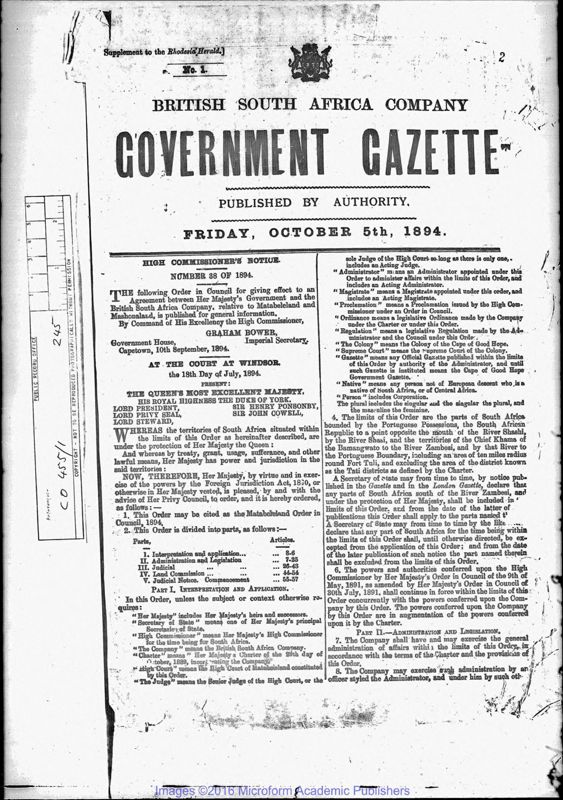 View document: Zimbabwe (Southern Rhodesia) Gazette, 1894-1899.