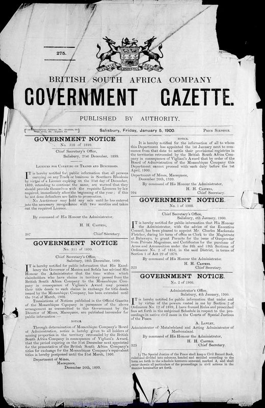 View document: Zimbabwe (Southern Rhodesia) Gazette, 1900-1903.