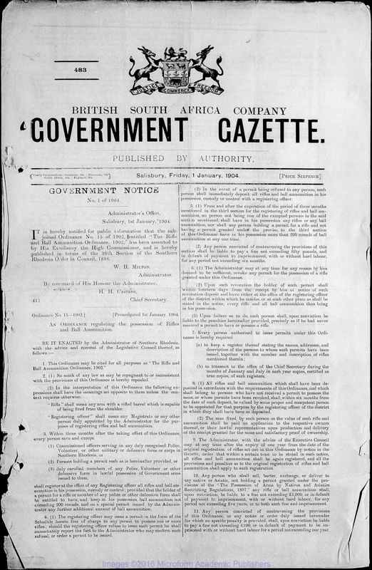 View document: Zimbabwe (Southern Rhodesia) Gazette, 1904-1906.