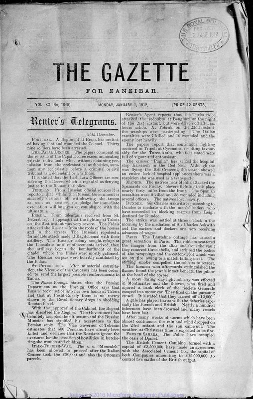 View document: Tanzania (Zanzibar) Gazette, 1912.