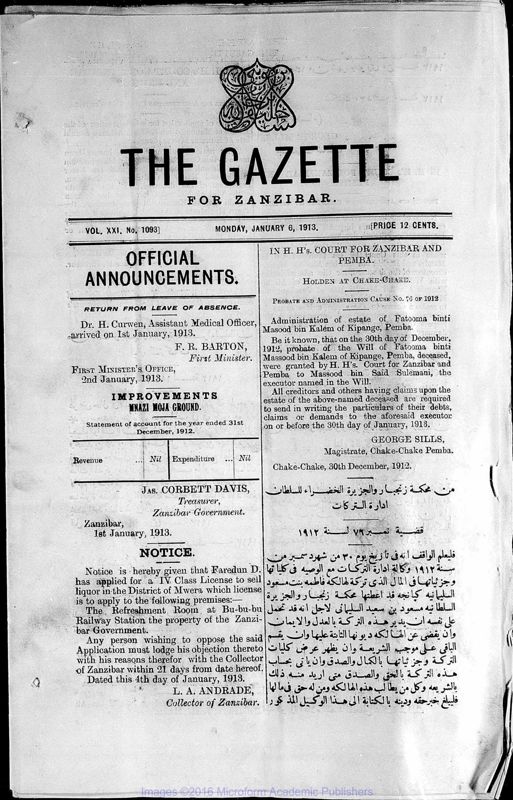 View document: Tanzania (Zanzibar) Gazette, 1913.