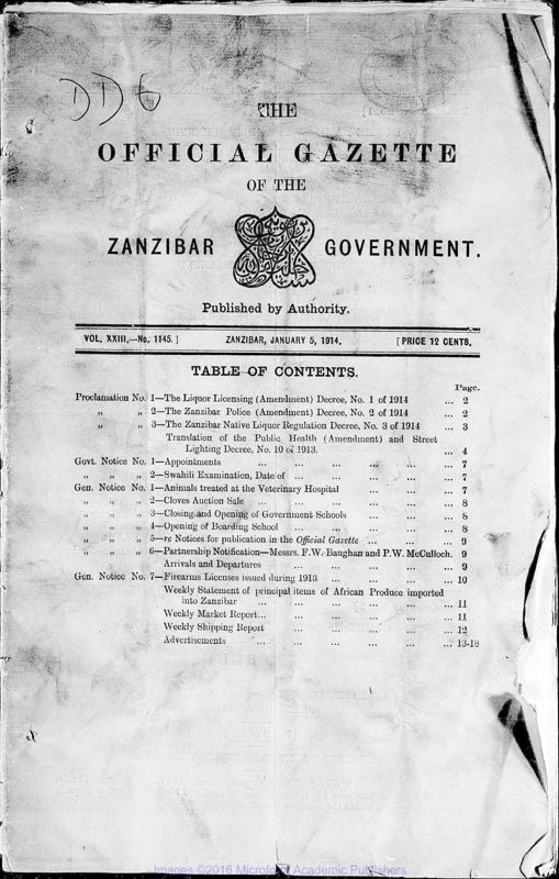 View document: Tanzania (Zanzibar) Gazette, 1914.