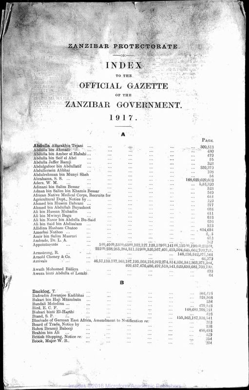 View document: Tanzania (Zanzibar) Gazette, 1917.