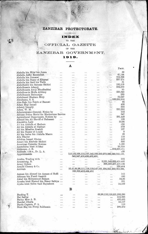 View document: Tanzania (Zanzibar) Gazette, 1919.