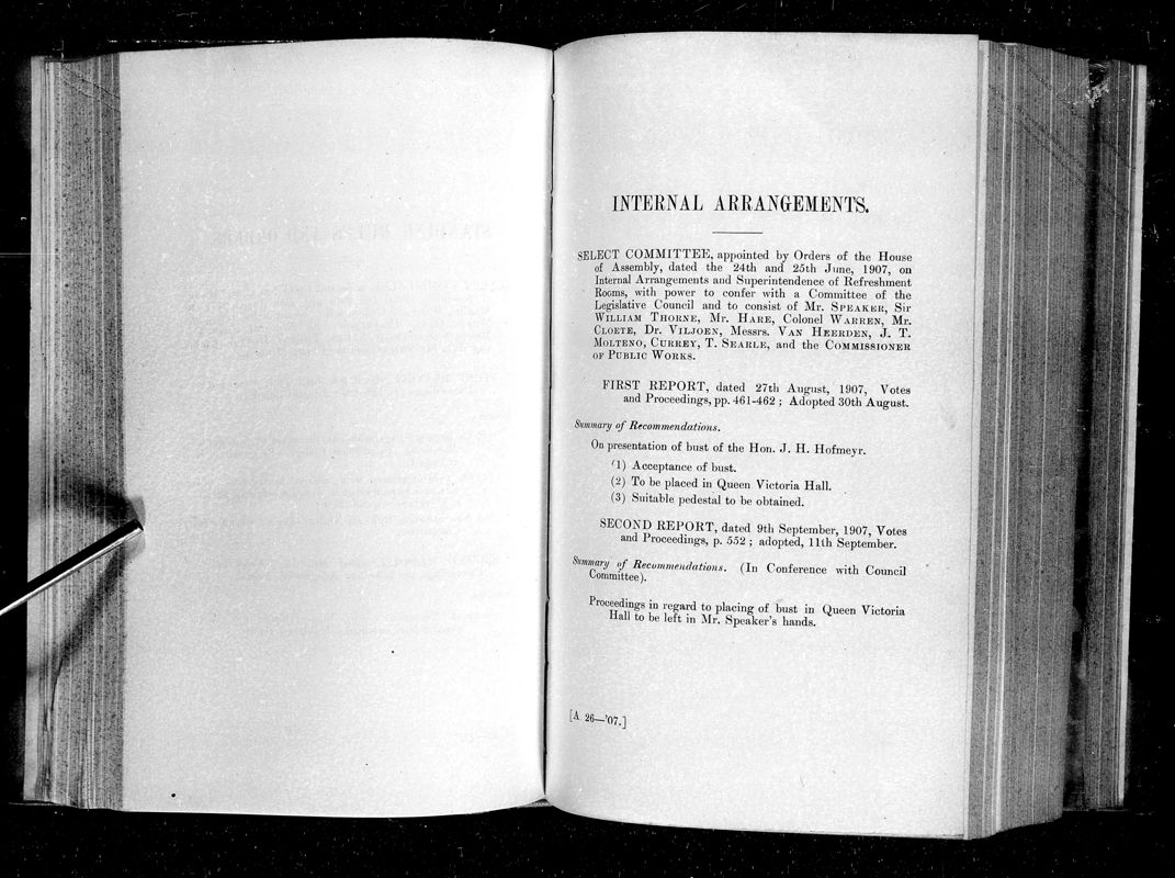 View document: Recommendations of The Select Committee on Internal Arrangements and Superintendence of Refreshment Rooms, 1907.