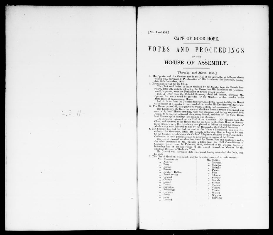 View document: Votes and Proceedings of The House of Assembly, 15th March to 7th June 1855.