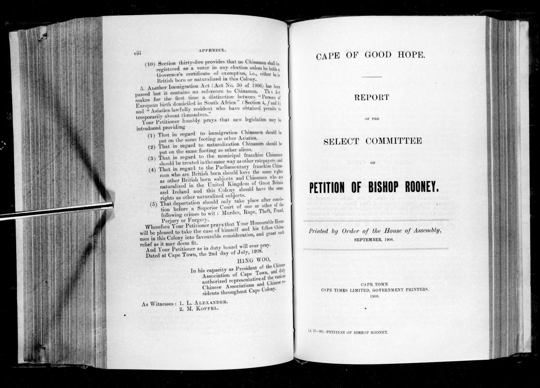 View document: Report of The Select Committee on Petition of Bishop Rooney.