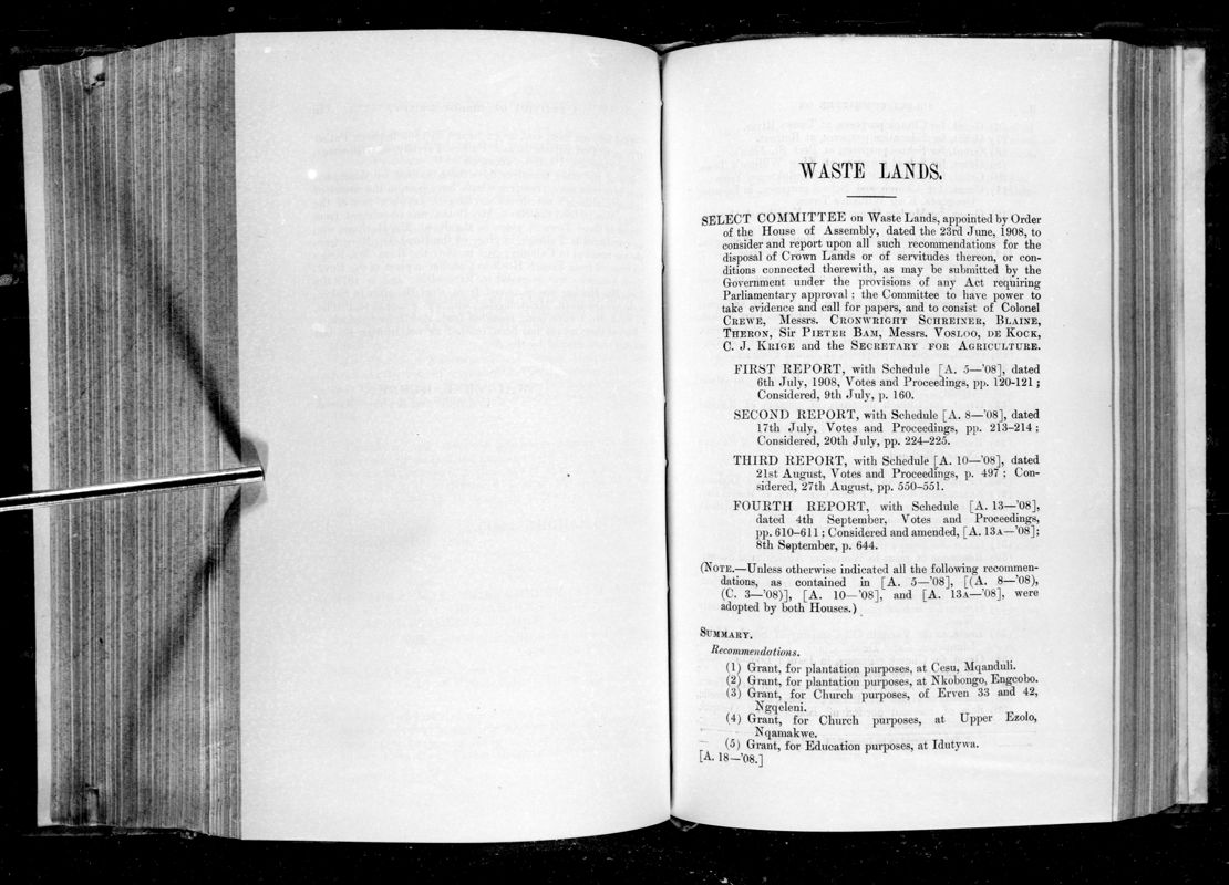 View document: Recommendations of The Select Committee on Waste Lands, 1908.