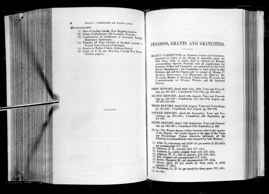 View document: Recommendations of The Select Committee on Pensions, Grants and Gratuities, 1908.