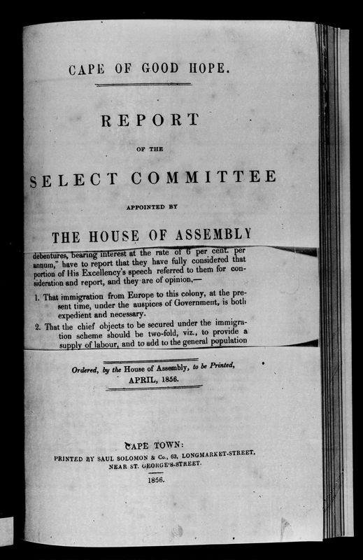 View document: Report of The Select Committee Appointed By The House of Assembly To Investigate Immigration, 1856.