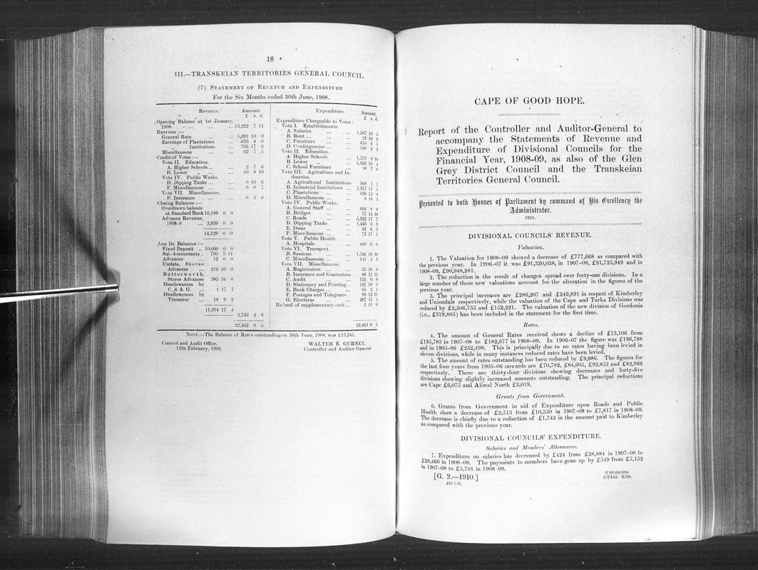 View document: Report of The Controller and Auditor-General to Accompany The Statements of Revenue and Expenditure of Divisional Councils For The Financial Year 1908-09.