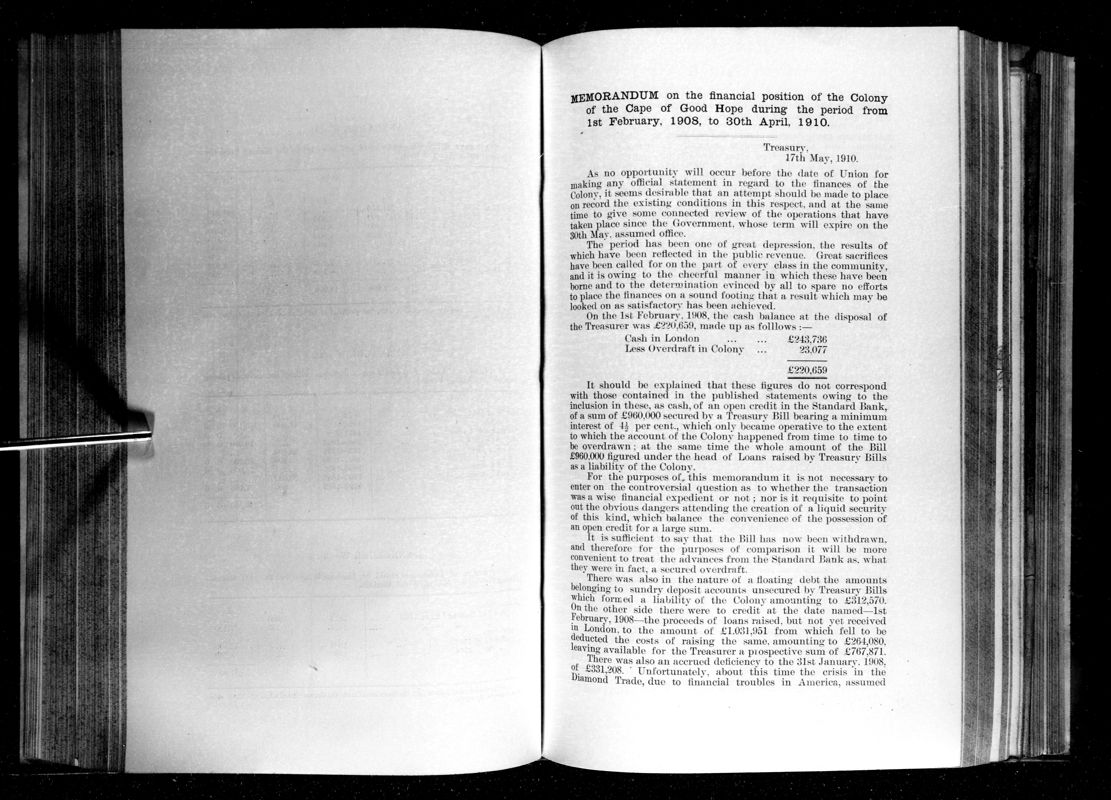 View document: Memorandum of The Financial Position of The Colony During The Period 1st February 1908 to 30th April 1910.