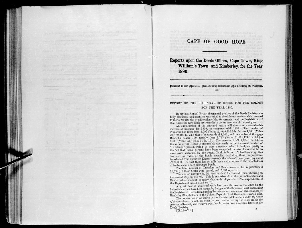 View document: Reports Upon The Deeds Offices, Cape Town, King William's Town and Kimberley For The Year 1890.