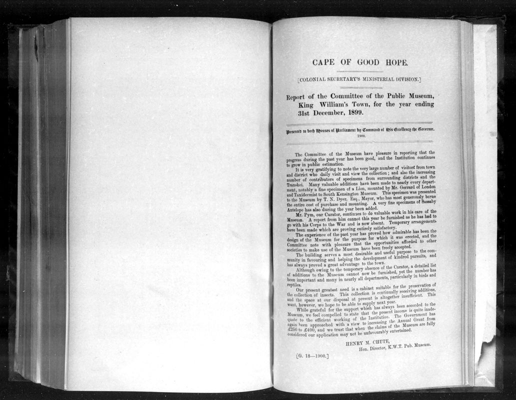 View document: Report of The Committee of The Public Museum, King William's Town, For The Year 1899.