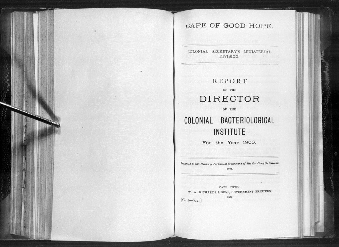 View document: Report of The Director of The Colonial Bacteriological Institute For The Year 1900.