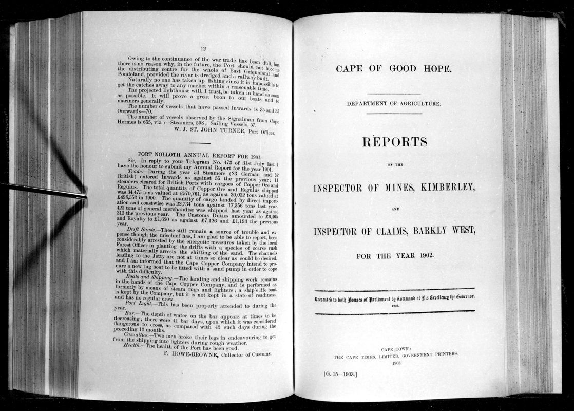 View document: Reports of The Inspector of Mines, Kimberley, and Inspector of Claims, Barkly West, For 1902.