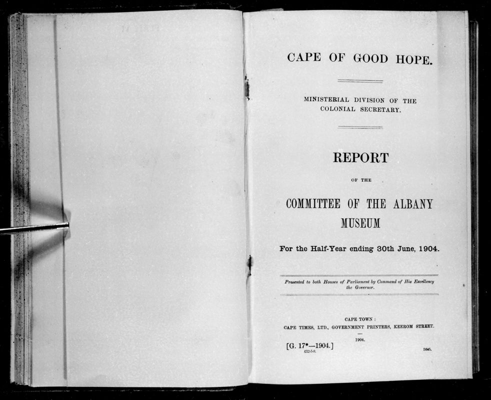 View document: Report of The Committee of The Albany Museum For The Half-Year Ending 30th June 1904.