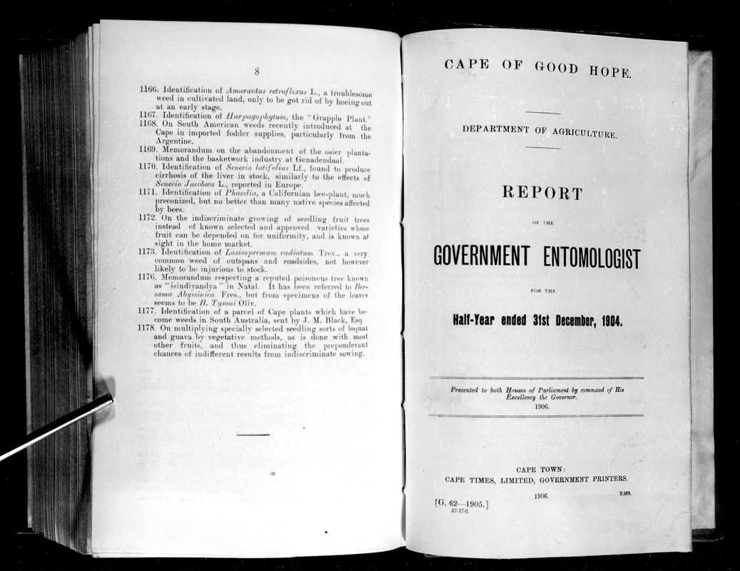 View document: Report of The Government Entomologist For The Half-Year Ended 31st December 1904.