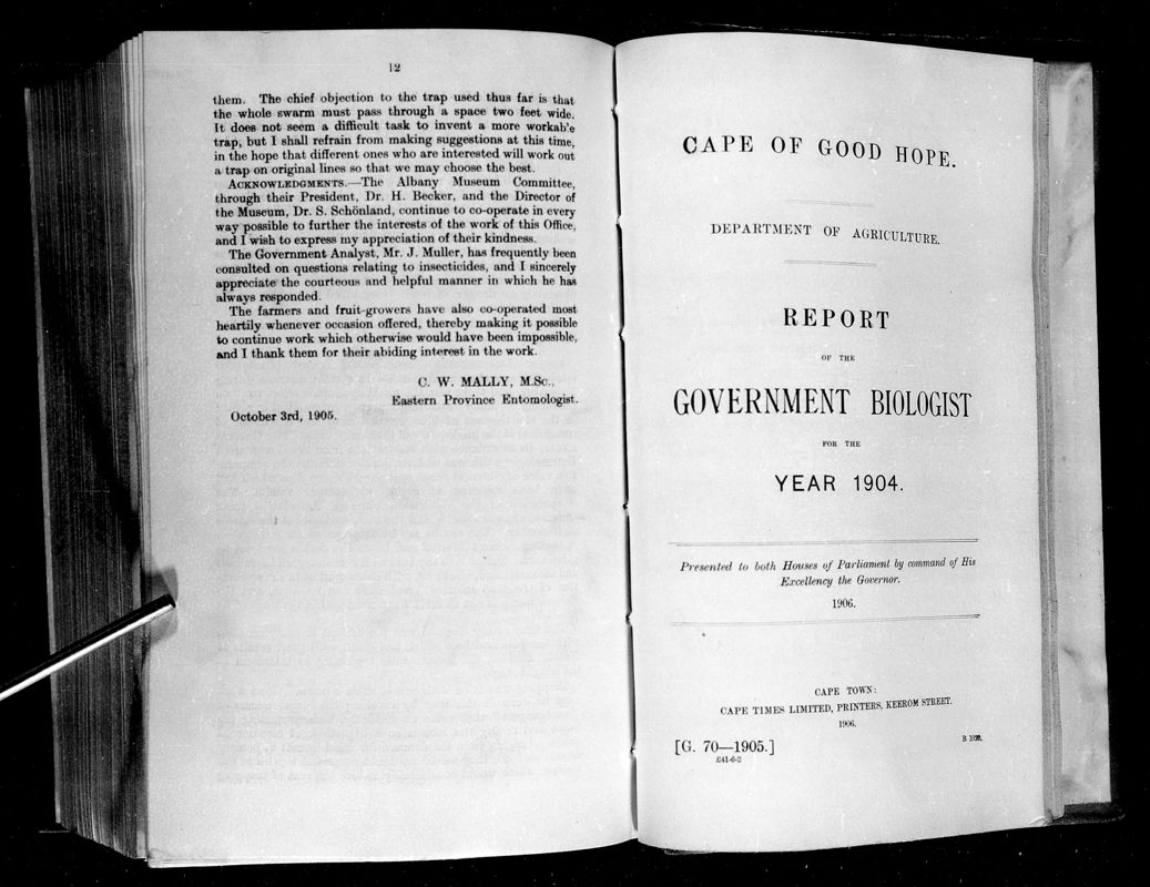 View document: Report of The Government Biologist For The Year 1904.