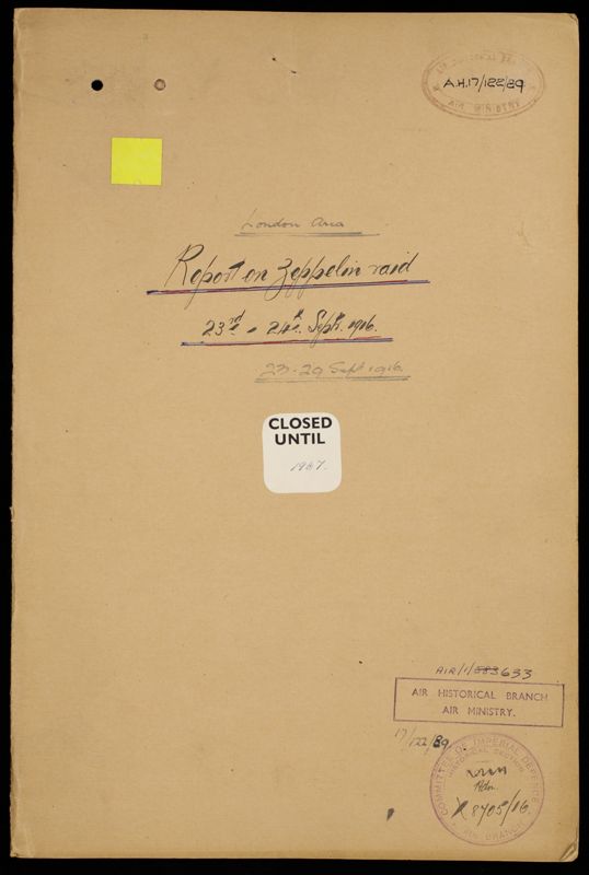 View document: AIR 1/633/17/122/89: Report on Zeppelin Raid, 23rd to 24th September 1916.